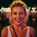 A woman with blonde hair smiling and winking, outdoors, wearing a white top, with people and lights in the background.