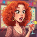 An animated red-haired woman in a red dress holding a cocktail, with a surprised expression.