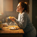 A woman with red/brown hair standing at a kitchen worktop, eating breakfast, with a cozy indoor setting in the background