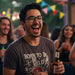 A group of friends laughing and toasting with drinks at an outdoor party, with colorful decorations in the background.