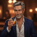 Illustration of an older man with grey dark hair holding a drink in a dimly lit setting, wearing a blue suit, with warm lighting in the background.