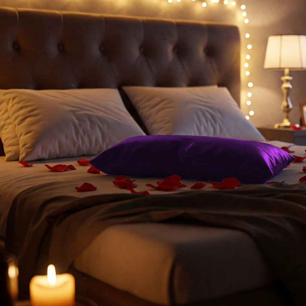 A modern bedroom with candles and fairy lights with rose petals and a purple pillowsforeplay sex pillow on the bed.