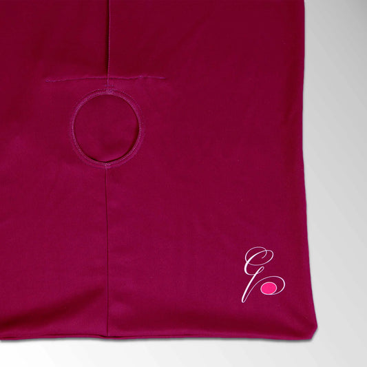 Pillowsforeplay Slip - Wider angle showing the pink slip with Elegant black cursive "G" with a pink circle and the toy insertion hole  #variant:slip-color-pink-satin-slip